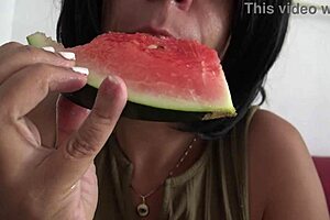 Horny French amateur MILF craves juicy watermelon. She devours it with wild hunger outdoors!