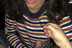 She sucks dick with blindfolded eyes.