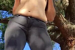 The curvy MILF babe says, 'Am I naughty masturbating my pussy outside in cute panties?'