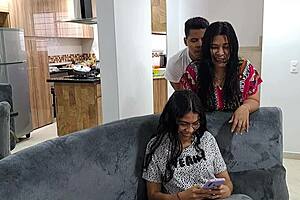 My Stepmother Sucks My Dick On The Stairs While Stepsister Distracts