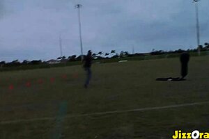 Big tits blonde amateur gets fucked hard and receives jizz facial in basketball scene.