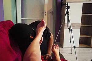 Worshiping nylon stockings and bare feet of milf