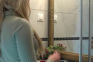 Sexy Blonde Wife Switches Panties in Bathroom Voyeur Clip