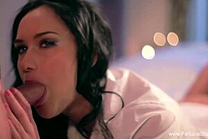 Laying on the bed erotic blowjob and cumshot moment with blonde brunette