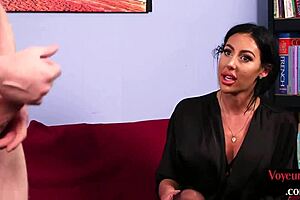 voyeur milf in stockings watches guy in solo hj action with seductive british charm