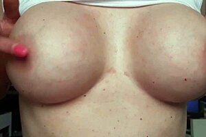busty milf wets my t-shirt without bra, gets orgasm from playing with pierced nipples