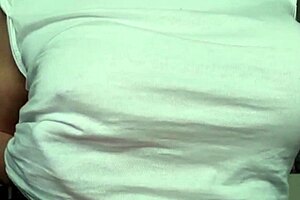 busty milf wets my t-shirt without bra, gets orgasm from playing with pierced nipples