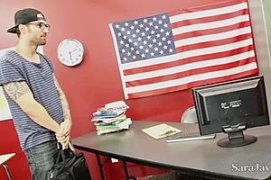 Teacher Sara Jay interacts with her French student in class