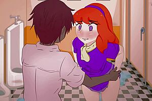 red-haired daphne takes off panties in toilet without complexes in scooby-doo parody
