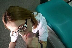 watch me fuck that doctor hard in doggy at the office, then cowgirl ride before her knee blowjob ends with facial cumshot!
