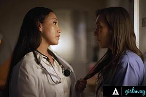 Doctor Vicki Chase keeps Nurse Sinn Sage's mouth busy to silence her secrets.