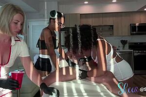 hey, these ebony girls give blowjobs in orgy after shaving