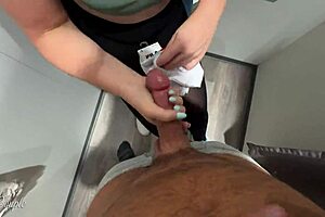 blonde girl gets dirty in public clothing store