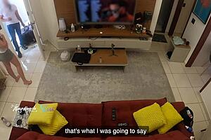 Hot wife recognized by delivery man on sofa