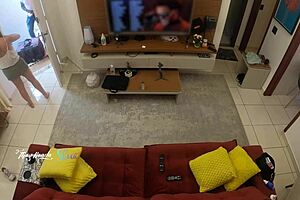 Hot wife recognized by delivery man on sofa