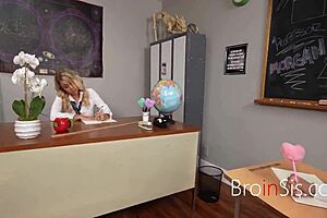 teacher and student step sibling threesome in classroom