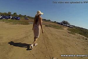 Blonde milf flashes naked under see-through dress in public! 😏