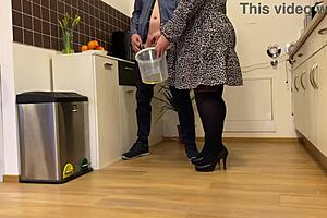 Gorgeous mother-in-law in heels and stockings sucks my cock wetly.