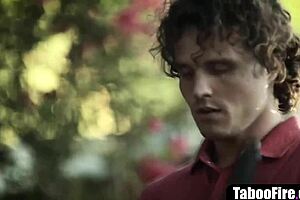 Golddigging mature stepmom disrupts family dynamics in taboo threesome