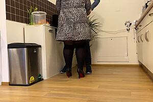 Gorgeous mother-in-law in heels and stockings sucks my cock wetly.