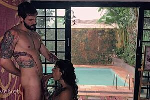 chubby ebony babe MASTURBATES outside with dildo on her shaved pussy