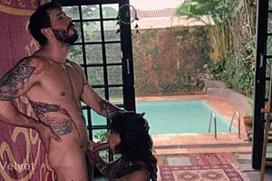 chubby ebony babe MASTURBATES outside with dildo on her shaved pussy