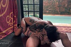 chubby ebony babe MASTURBATES outside with dildo on her shaved pussy