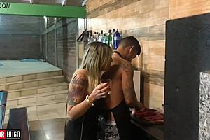 Blonde MILF rides tattooed friend's cock 😈