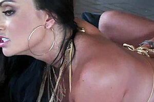 milf buys stripper pole for husband, but strips for the courier instead. clothes ripped, boobs exposed in heels.