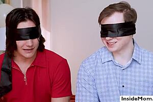 Blindfolded stepsons get ridden by two eager milfs