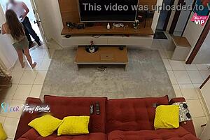 The naughty latina flashed her big tits to the delivery guy. She sucked his monster cock until he came inside.