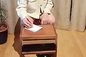 Chained maestra gagged by deepthroat in empty classroom