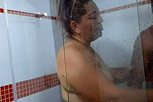 Helping my stepson during his bathroom shower routine.
