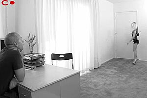 A small blonde woman faces a big white penis in a hot scene