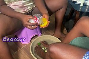 Couple plays naughty at home while getting nails done