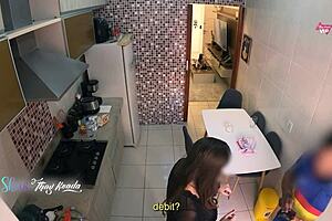 hot wife thay ksada flashes delivery man after shower. big natural tits barely covered by nightgown.