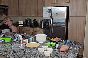 naked cooking session with sweet potato pie in kitchen