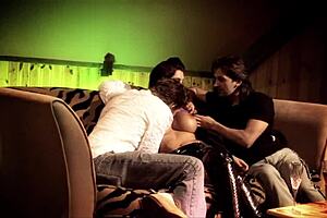 Jodi James' big tits bounce during deepthroat, but assfucking leads to double facial in group scene