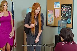 stepmom says, 'i'll stand up for your hardon,' baffling the teacher. lauren phillips and annie king ride elias cash in hardcore 3some.