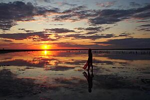 i took a walk on the red sunset of elton salt lake.