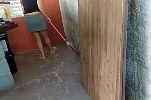 Maid grabs my cock while wife’s out for quick action.