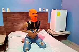 brunette stepsister celebrates halloween in hotel with mask and dance