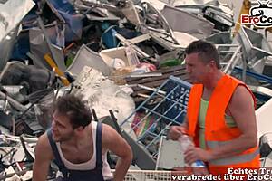 german milf with big tits gets anal threesome outdoor.