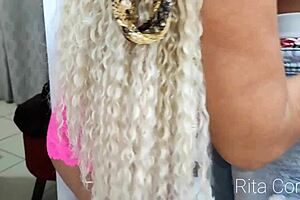 blonde milf in black stockings gets huge black cock bent over