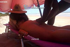 Ebony Massages Married Brunette on Public Beach Outdoors
