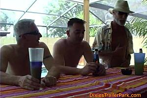 dixie gets banged at the trailer park pool bar, squirting and blowing cum in public group fun