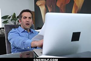 The neighbor assists the hot stepmom and stepdaughter with paperwork.