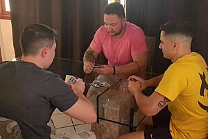 Husband invites friends for cards, housewife fucks all three with big tits and blowjobs.