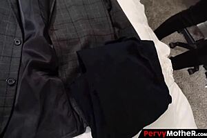 Does this pervy mommy suck her stepson's big cock to keep him home?