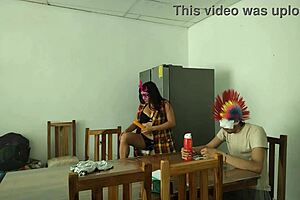 latina milf maid gropes her natural tits and flirts with dildo while feeding blind man 😏